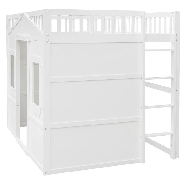 White Full Size Wood Loft Bed with Ladder